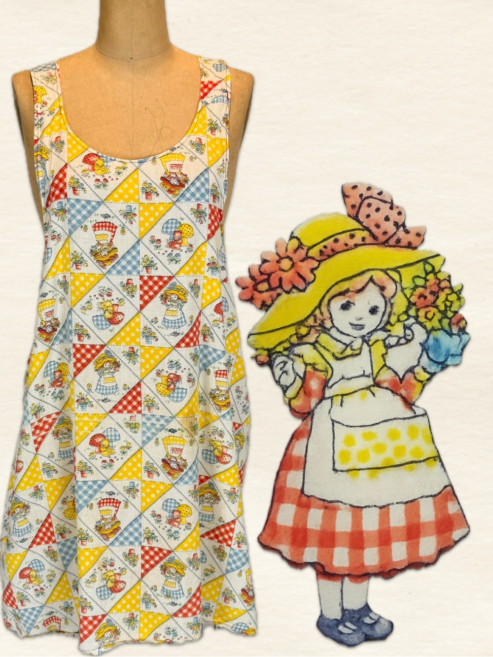 VINTAGE 70s sunbonnet sue full apron kitchen bonnet girl mushroom parchwork